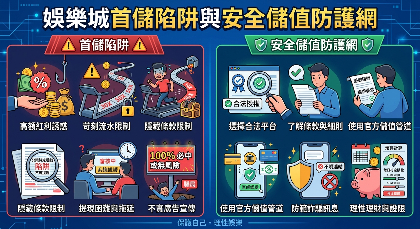 這張圖片採用左右對比的資訊圖表設計，主題為「娛樂城首儲陷阱與安全儲值防護網」。 左側紅色區域列出高額紅利與提現困難等常見陷阱，右側綠色區域則提供選擇合法平台與理性設限等防護建議。