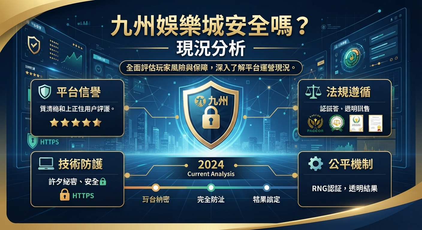 這是一張關於九州娛樂城安全分析的主題圖片，上方醒目地顯示著「九州娛樂城安全嗎？現況分析」的標題。 畫面採用科技感與數據圖表風格設計，並融合了代表資安防護與平台信譽的圖標元素。